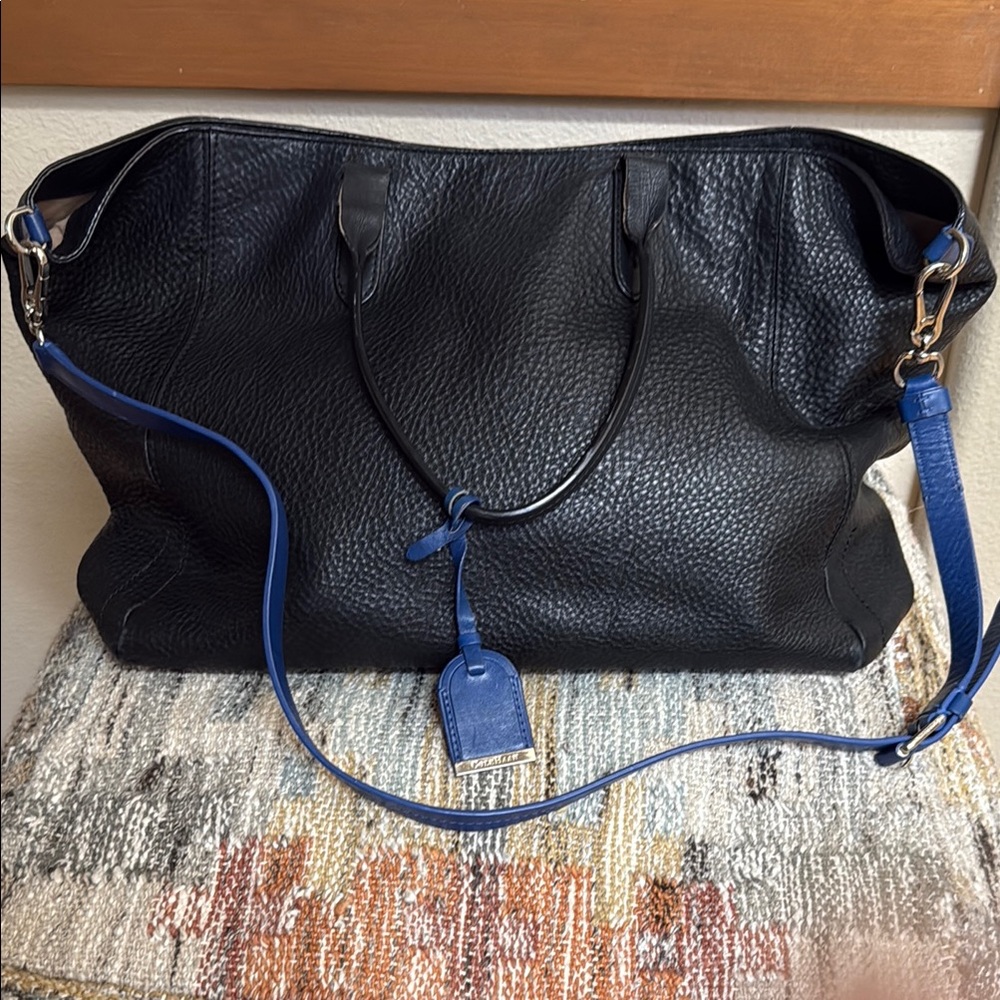 Cole Haan Black Leather Tote Bag with Blue Accents